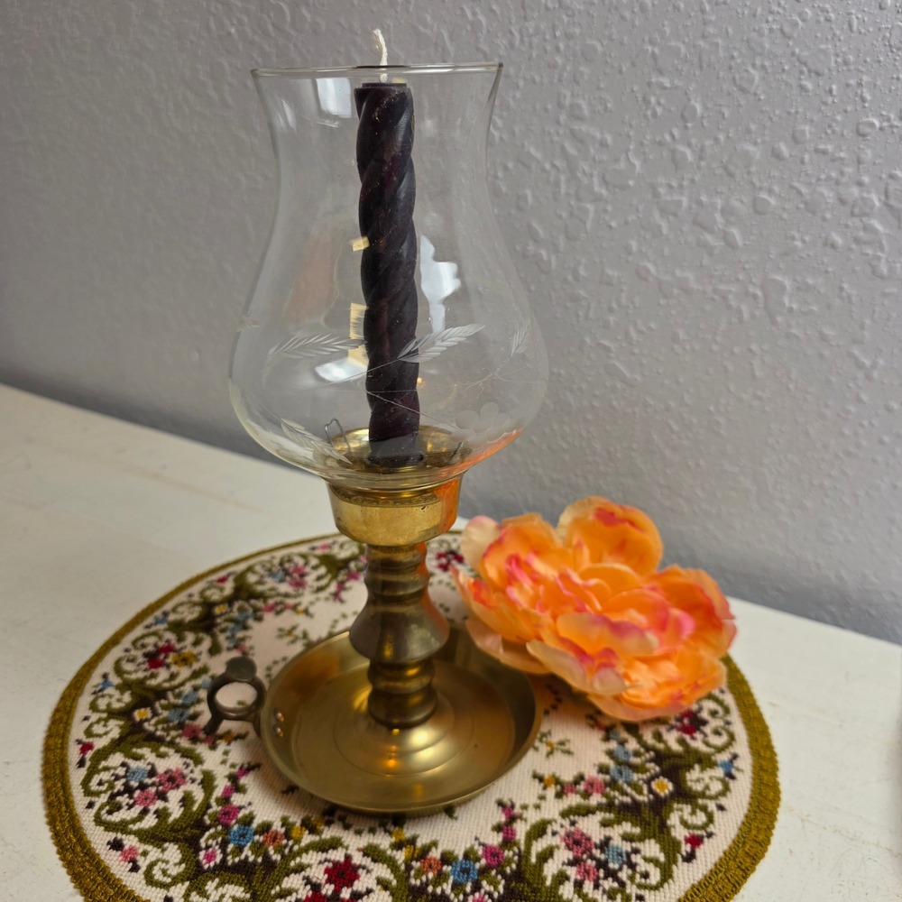 Vintage‎ Brass Chamberstick Candle Holder with Etched Glass Hurricane Chimney